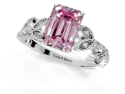 Leaf Motif Engagement Ring Setting for Fancy Pink Emerald Cut Center with Pave Band and Prong Head in Platinum