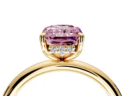 Hidden Halo Engagement Ring Setting for Fancy Pink Radiant Cut Center with Thin Rounded Band and Prong Head in Yellow Gold