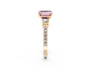 3 Stone Engagement Ring Setting for Fancy Pink Asscher Cut Center with Round Cut Side Accents and Prong Head in Rose Gold