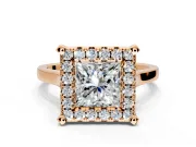 Single Halo Engagement Ring Setting for Princess Cut Center with Corner Claws, Plain Band and Prong Head in Rose Gold