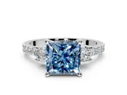 3 Stone Engagement Ring Setting for Fancy Blue Princess Cut Center with Round Cut Side Accents and Prong Head in White Gold