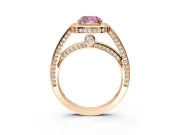 Halo Engagement Ring Setting for Fancy Pink Cushion Cut Center with Framed Halo, Pave Band and Prong Head in Rose Gold