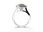 Halo Engagement Ring Setting for Fancy Green Princess Cut Center with Milgrain Frame, Pave Band and Prong Head in White Gold