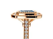 Halo Engagement Ring Setting for Fancy Blue Emerald Cut Center with Milgrain Frame, Pave Band and Prong Head in Rose Gold