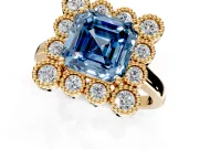 Cluster Halo Engagement Ring Setting for Fancy Blue Asscher Cut Center with Milgrain Bezel Accents and Prong Head in Yellow Gold