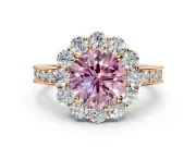 Halo Engagement Ring Setting for Fancy Pink Round Cut Center with Milgrain Channel Band and Prong Head in Rose Gold
