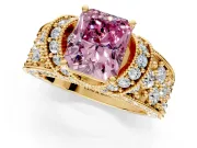 Pave Engagement Ring Setting for Fancy Pink Radiant Cut Center with Curved Accent Rows, Openwork and Prong Head in Yellow Gold