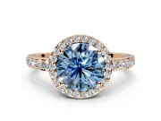 Halo Engagement Ring Setting for Fancy Blue Round Cut Center with Heart-Shaped Openwork, Pave Band and Prong Head in Rose Gold