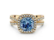 Halo Engagement Ring Setting for Fancy Blue Cushion Cut Center with Double Pave Split Shank and Prong Head in Yellow Gold