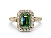 Halo Engagement Ring Setting for Fancy Green Emerald Cut Center with Raised Halo, Pave Band and Prong Head in Yellow Gold