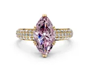 Solitaire Engagement Ring Setting for Fancy Pink Marquise Center with Multi-Row Pave Accents and Basket Head in Yellow Gold