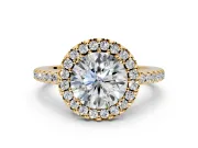 Pave Halo Engagement Ring Setting for Round Cut Center with Single Row Pave Band and Prong Head in Yellow Gold