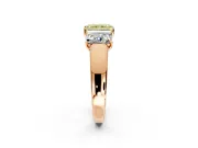 3 Stone Engagement Ring Setting for Fancy Yellow Radiant Cut Center with Raised Basket Heads and Prong Head in Rose Gold