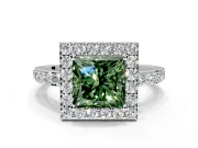 Halo Engagement Ring Setting for Fancy Green Princess Cut Center with Heart-Shaped Openwork, Pave Band and Prong Head in Sterling Silver