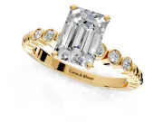 Solitaire Engagement Ring Setting for Emerald Cut Center with Bezel-Dot Beaded Band and Prong Head in Yellow Gold