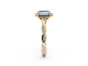 Halo Engagement Ring Setting for Fancy Blue Asscher Cut Center with Pave and Plain Twist Band and Prong Head in Yellow Gold