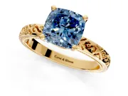 Solitaire Engagement Ring Setting for Fancy Blue Cushion Cut Center with Scrollwork Band and Prong Head in Yellow Gold