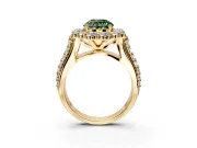 Large Accent Halo Engagement Ring Setting for Fancy Green Round Cut Center with Pave Split Shank and Prong Head in Yellow Gold