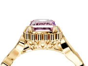 Halo Engagement Ring Setting for Fancy Pink Emerald Cut Center with Leaf Motif Split Shank and Prong Head in Yellow Gold