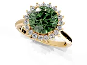 Starburst Halo Engagement Ring Setting for Fancy Green Round Cut Center with Thin Round-Wire Band and Prong Head in Yellow Gold