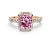 Halo Engagement Ring Setting for Fancy Pink Radiant Cut Center with Full Pave Band and Prong Head in Rose Gold