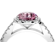 Halo Engagement Ring Setting for Fancy Pink Round Cut Center with Full Pave Band and Prong Head in White Gold