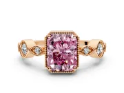 Vintage Station Engagement Ring Setting for Fancy Pink Radiant Cut Center with Accents and Prong Head in Rose Gold