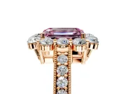 Halo Engagement Ring Setting for Fancy Pink Emerald Cut Center with Milgrain Channel Band and Prong Head in Rose Gold