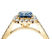Halo Engagement Ring Setting for Fancy Blue Emerald Cut Center with Raised Halo, Pave Band and Prong Head in Yellow Gold