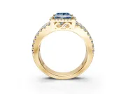Halo Engagement Ring Setting for Fancy Blue Princess Cut Center with Wide-Open Pave Split Shank and Prong Head in Yellow Gold
