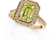 Halo Engagement Ring Setting for Fancy Yellow Emerald Cut Center with Milgrain Pave Band and Bezel Head in Yellow Gold
