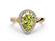 Halo Engagement Ring Setting for Fancy Yellow Pear-Shaped Center with Twist Band and Prong Head in Yellow Gold