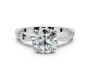 Solitaire Engagement Ring Setting for Round Cut Center with Carved Leaf Shoulders and Prong Head in Sterling Silver