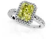 Accent Halo Engagement Ring Setting for Fancy Yellow Radiant Cut Center with Full-Length Pave Band and Prong Head in Platinum