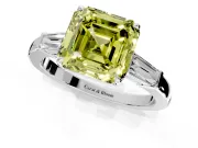 3 Stone Engagement Ring Setting for Fancy Yellow Asscher Cut Center with Baguette Accents and Prong Head in Platinum