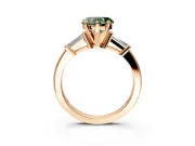 3 Stone Engagement Ring Setting for Fancy Green Heart-Shaped Center with Channel Baguette Accents and Prong Head in Rose Gold