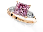 3 Stone Engagement Ring Setting for Fancy Pink Princess Cut Center with Large Pear-Shaped Accents and Prong Head in Rose Gold