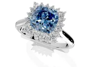 Starburst Halo Engagement Ring Setting for Fancy Blue Cushion Cut Center with Thin Round-Wire Band and Prong Head in Platinum