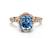 Halo Engagement Ring Setting for Fancy Blue Radiant Cut Center with Openwork Halo, Pave Band and Prong Head in Rose Gold