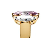 3 Stone Engagement Ring Setting for Fancy Pink Marquise Center with Raised Basket Heads and Prong Head in Yellow Gold