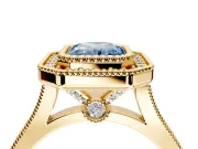Halo Engagement Ring Setting for Fancy Blue Radiant Cut Center with Milgrain Frame, Pave Band and Prong Head in Yellow Gold