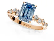 Cluster Engagement Ring Setting for Fancy Blue Emerald Cut Center with Round Cut Accent Band and Prong Head in Rose Gold