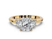 3 Stone Engagement Ring Setting for Cushion Cut Center with Wide Plain Band and Prong Head in Yellow Gold