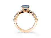 Shared-Prong Engagement Ring Setting for Fancy Blue Asscher Cut Center with Graduated Accents and Prong Head in Rose Gold