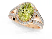 Halo Engagement Ring Setting for Fancy Yellow Oval Center with Narrow Pave Split Shank and Prong Head in Rose Gold