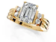 Solitaire Engagement Ring Setting for Emerald Cut Center with Grooved Bar Accent Band and Prong Head in Yellow Gold