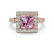 Halo Engagement Ring Setting for Fancy Pink Princess Cut Center with Heart-Shaped Openwork, Pave Band and Prong Head in Rose Gold