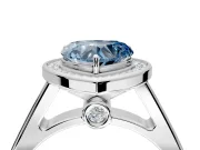 Halo Engagement Ring Setting for Fancy Blue Heart-Shaped Center with Outer Bezel Rim, Pave Band and Prong Head in Sterling Silver