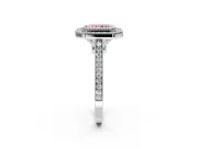 Halo Engagement Ring Setting for Fancy Pink Radiant Cut Center with Milgrain Frame, Pave Band and Prong Head in White Gold