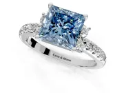 Paired Accent Engagement Ring Setting for Fancy Blue Princess Cut Center with Pave Band and Prong Head in Sterling Silver